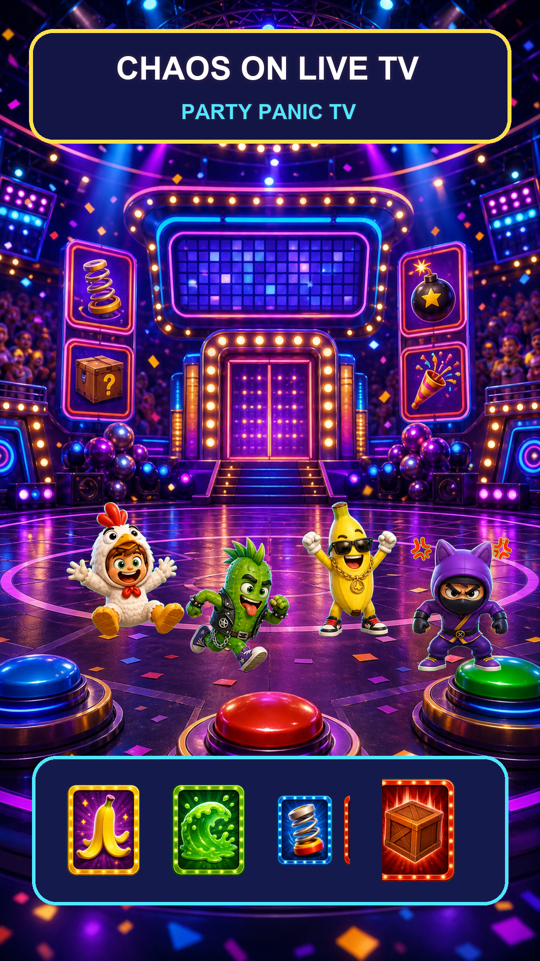 Party Panic TV main stage with contestants and sabotage cards